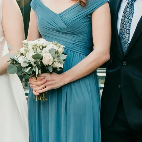 David's Bridal - Crisscross Off-the-Shoulder Mesh Dress - Steel Blue, Size 6 - Picture 2 of 10